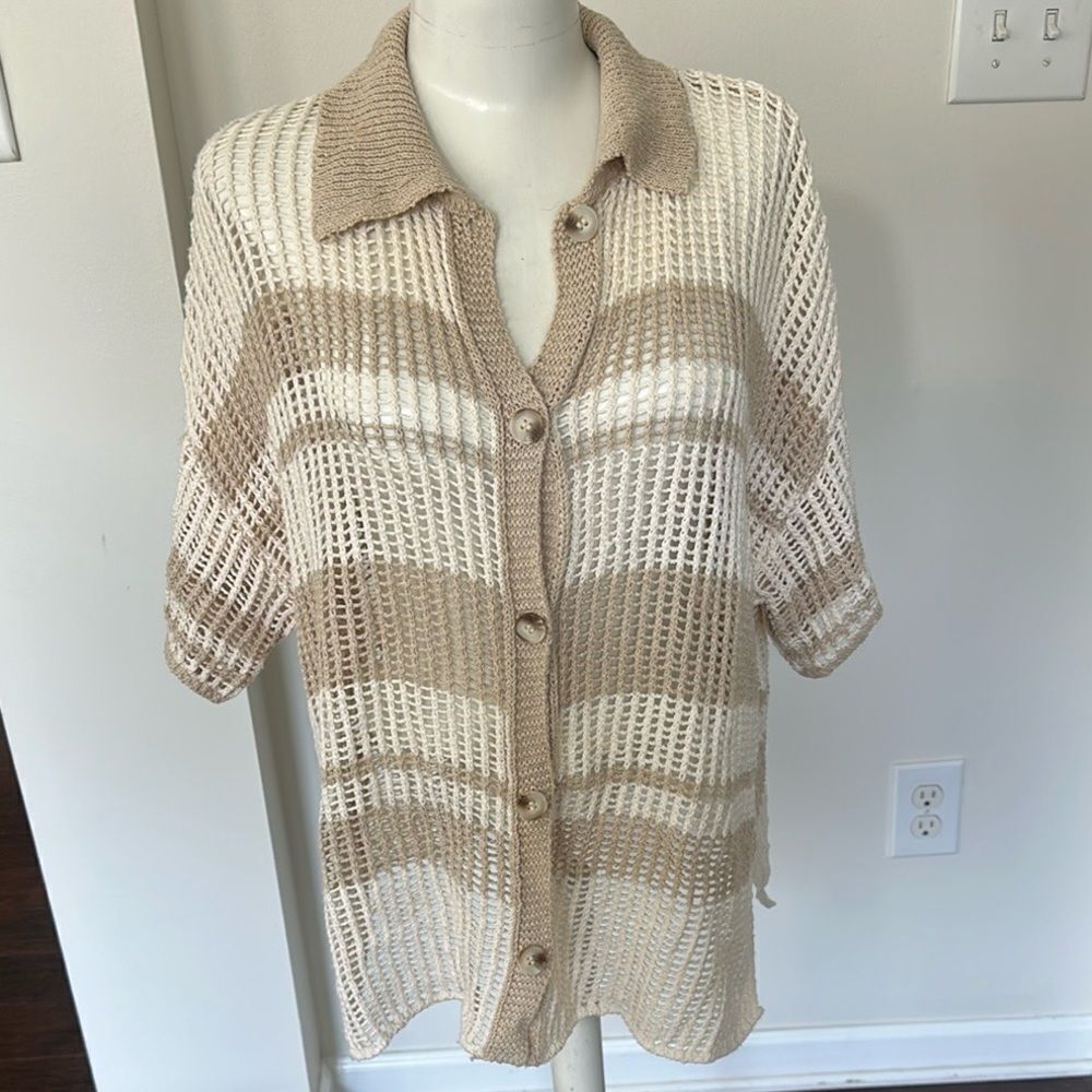Le Lis Beige and Cream Striped Knit Button Front Sweater XS-M